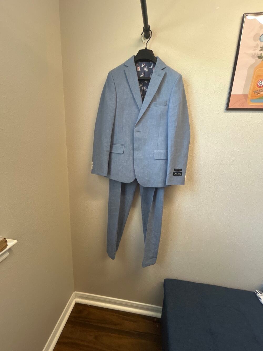 Ralph Lauren linen blend light blue boy suit jacket sz 14 and pants sz 16 NEW